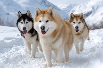 Naklejka premium Siberian Huskies and Alaskan Malamutes running through snow