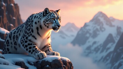 A magnificent snow leopard rests serenely on a snow-covered mountain peak, bathed in the golden light of sunrise.