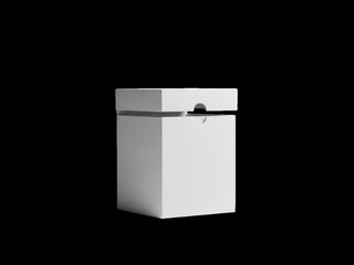 Minimalist white square packaging box with lid slightly ajar, isolated on a solid black background, studio lighting, 3d render