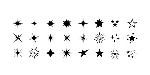 Sparks and stars. Set of black stars and sparkles isolated on white background. Sparkles symbols.