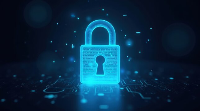 Glowing blue digital padlock symbolizes cybersecurity and data protection