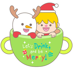 Little Boy in Santa Claus Costume and Snowman in Hot Chocolate Mug