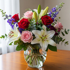 Elegant floral arrangement featuring roses lilies and various colorful blossoms