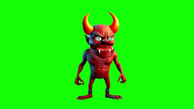 3D Cartoon Devil Monster Character Animation on Green Screen Background