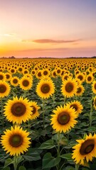 Fototapeta premium Vibrant Sunflower Field at Sunset - A Golden Floral Landscape.