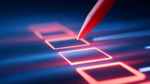 Red pen selecting glowing checkbox digital interface neon light glowing pen stylus marking checkbox digital interface neon light glowing digital