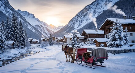 Alpine village at dawn, snow-covered rooftops, glowing mountains, warm windows, frozen river, cozy winter mood.