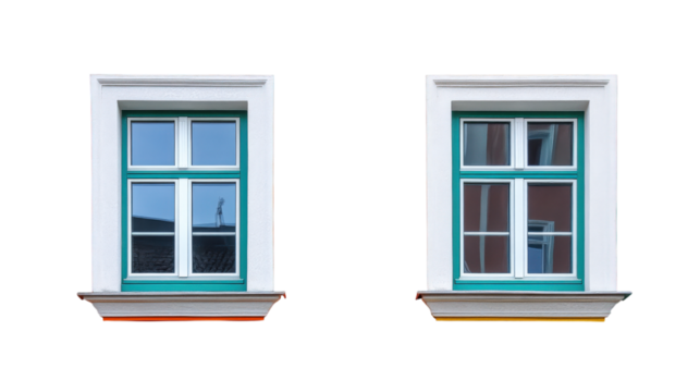 Two Teal Framed Windows isolated on a transparent background