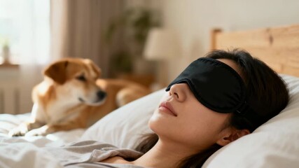 Young woman sleeping with eye mask bed dog nearby cozy bedroom morning peaceful calm relaxing sleep mask woman lying bed dog resting nearby bedroom - Powered by Adobe