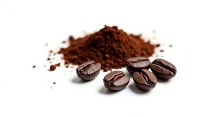 Roasted coffee beans and grounds sit on a white surface, showcasing rich, dark brown hues and a simple, elegant composition.