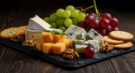 Gourmet cheese board with assorted cheeses, fresh green and red grapes, crackers, and walnuts on a dark slate for a sophisticated appetizer concept and wine pairing