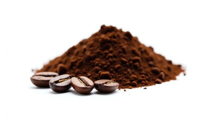 A pile of rich, dark coffee grounds sits beside whole coffee beans against a pure white background.