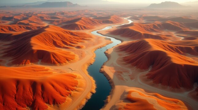 Majestic aerial view of a winding river carving through vibrant orange desert canyons at sunset - Powered by Adobe