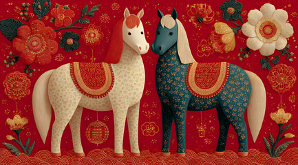 Energetic and full of luck hello 2026 with two cartoon horses on a red background with chinese new year decorations