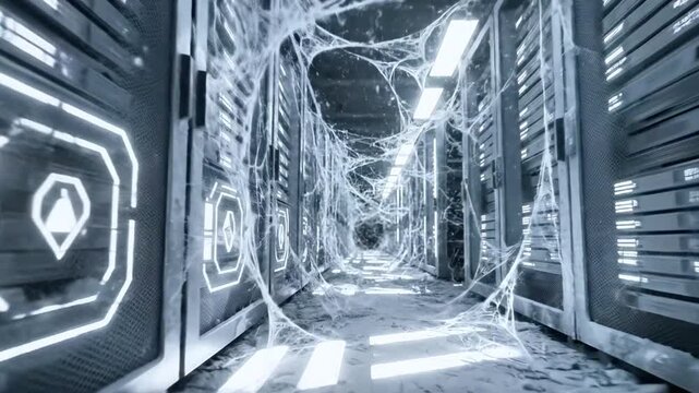 A server room shrouded in cobwebs, illuminated with a cool, blue light