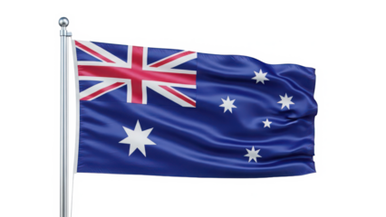 Waving australian national flag on a flagpole isolated on transparent background, symbolizing the country and its people