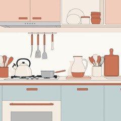 Modern kitchen interior with various cooking utensils and appliances.