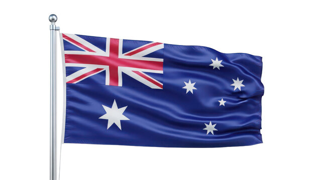 Waving australian national flag on a flagpole isolated on transparent background, symbolizing the country and its people