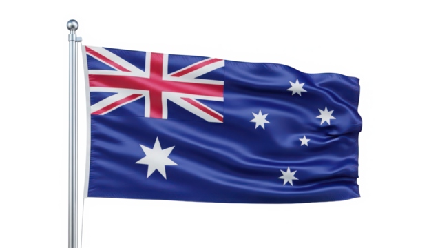 Waving australian national flag on a flagpole isolated on transparent background, symbolizing the country and its people - Powered by Adobe