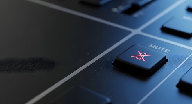 Close-up of an illuminated red mute button on a sleek digital interface for privacy and communication control concept in a modern professional environment