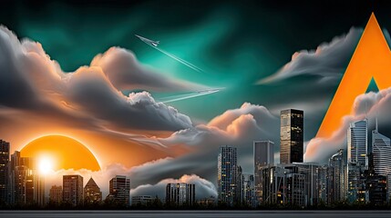 A stylized cityscape with skyscrapers, clouds, and an airplane flying through the sky at sunset. An orange triangle is in the image.