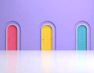 Three arched doorways; pink, yellow, blue on lilac wall