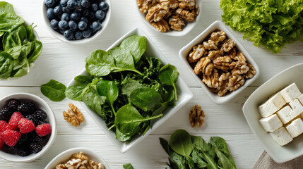 Nutritious plant based meal ingredients with leafy greens, tofu, walnuts and antioxidant rich berries