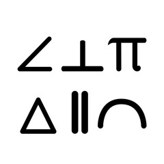 Set of basic geometry symbols including angle, triangle, square, circle, and line icons, designed as clean black vector elements for math, education, and UI use.