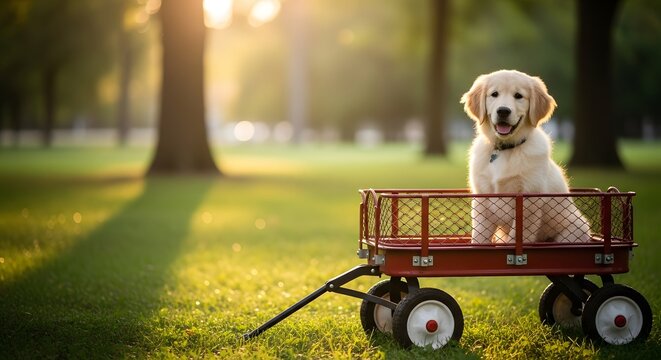 Golden retriever puppy sitting in a red wagon at a park during golden hour for pet companionship concept and happy outdoor moment