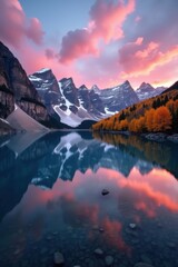 Majestic mountain lake reflecting colorful sunset sky and autumn trees