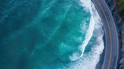 Aerial view of a coastal road winding along a turquoise ocean with waves crashing on the shore. The image is taken on a sunny day.