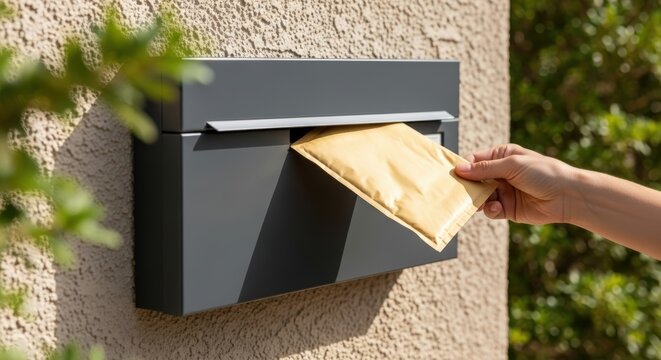 Hand placing a yellow envelope into a modern mailbox mounted on a textured wall, surrounded by greenery, illustrating the concept of parcel delivery and communication in everyday life