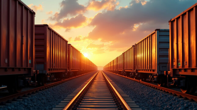 Freight train wagons on railway tracks at sunset with electric lines and warm light along transportation route