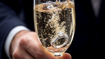 Engagement ring in champagne flute