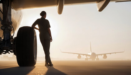 Flight attendant near airplane at dawn