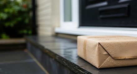 Brown parcel package resting on wet doorstep, showcasing delivery process, with blurred greenery in background, emphasizing the importance of reliable courier services for timely deliveries