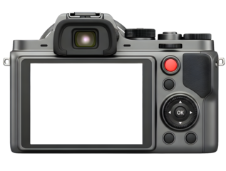 Rear view of a digital camera with a blank screen isolated on transparent background