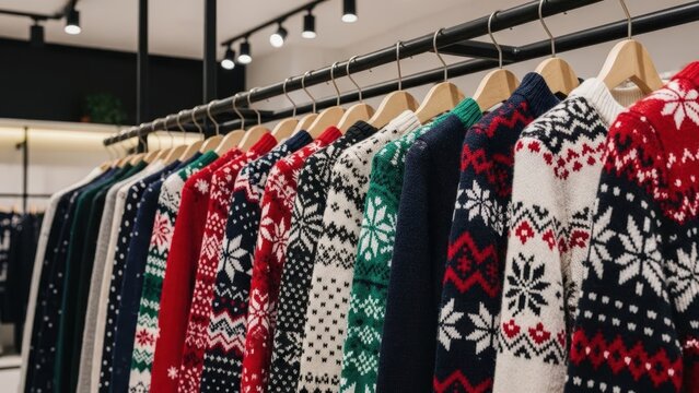 A display of colorful Christmas sweaters hanging on wooden hangers. The sweaters feature festive patterns in red, green, white, and black colors.