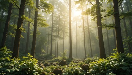 Serene Forest Background with Soft Sunlight and Green Foliage
