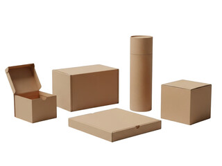 Collection of various brown cardboard packaging boxes and tube container isolated on transparent background for shipping and storage concept