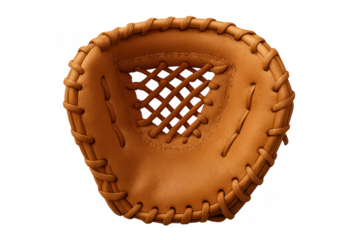 Baseball mitt showing leather material and stitching details, an essential equipment for catchers, transparent background