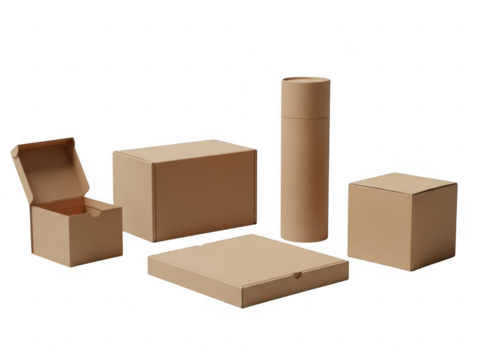 Collection of various brown cardboard packaging boxes and tube container isolated on transparent background for shipping and storage concept