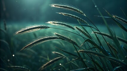 Grass with dew drops in morning light