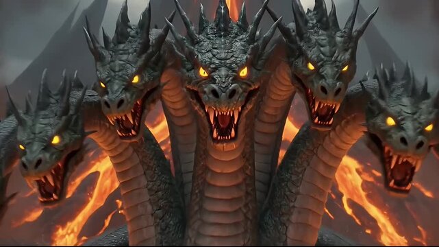 Epic multi headed hydra serpent monster in a fiery volcanic underworld landscape