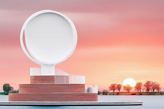 A modern white sculpture with a circular design stands on a waterfront platform, set against a vibrant sunset sky.