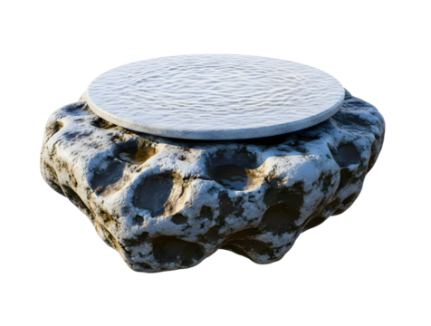 Rough textured stone pedestal with circular textured top isolated on transparent background
