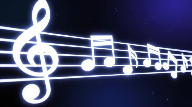 Abstract illustration of musical notes and staff with bright glowing elements and a dark starry background