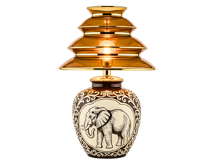Decorative ceramic table lamp with elephant motif isolated on transparent background