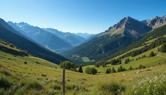 Peaceful Mountain Valley with Clear Blue Sky