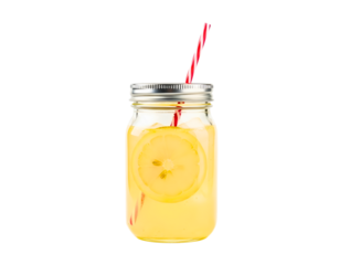 Refreshing yellow smoothie in a mason jar with straw isolated on transparent background